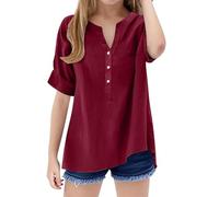 TYUSGH Camicia di lino per ragazze Estate Manica Corta Scollo a V Button Down Camicie Bambini Tinta unita Camicetta leggera Teen Loose Fit T Shirt Moda Casual Top, vino, 9-10 Anni