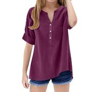 TYUSGH Camicia di lino per ragazze Estate Manica Corta Scollo a V Button Down Camicie Bambini Tinta unita Camicetta leggera Teen Loose Fit T Shirt Moda Casual Top, Viola, 15-16 Anni