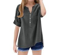 TYUSGH Camicia di lino per ragazze Estate Manica Corta Scollo a V Button Down Camicie Bambini Tinta unita Camicetta leggera Teen Loose Fit T Shirt Moda Casual Top, Grigio scuro, 13-14 Anni