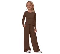 TYUSGH Completo da ragazza in 2 pezzi per bambini, a maniche lunghe, con top increspato e pantaloni a gamba larga, abbigliamento casual per la scuola