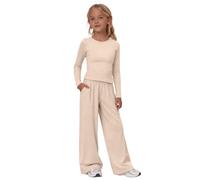 TYUSGH Completo da ragazza in 2 pezzi per bambini, a maniche lunghe, con top increspato e pantaloni a gamba larga, abbigliamento casual per la scuola, Beige, 13-14 Years