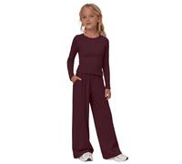TYUSGH Completo da ragazza in 2 pezzi per bambini, a maniche lunghe, con top increspato e pantaloni a gamba larga, abbigliamento casual per la scuola