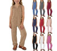 TYUSGH Set di 2 pezzi per bambine, estivo, in cotone e lino, con scollo a V, canottiere e pantaloni, senza maniche, con pantaloni, Rosso, 15-16 Years