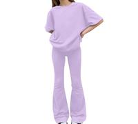 TYUSGH Set tuta da ragazza per bambini, tinta unita, maglietta a maniche corte e pantaloni svasati, abbigliamento estivo casual, 2 pezzi, Viola, 10-11 Years