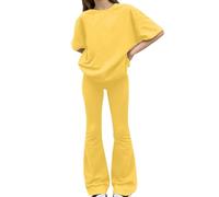 TYUSGH Set tuta da ragazza per bambini, tinta unita, maglietta a maniche corte e pantaloni svasati, abbigliamento estivo casual, 2 pezzi, Giallo, 11-12 Years