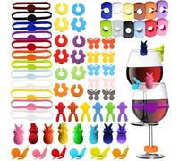 TYXHXTF 65 Pezzi Segnabicchieri Silicone, Segna Bicchieri Calici, Segnabicchieri Colorati Riutilizzabili, Segna Bicchiere Marcatori per Bicchier, Identificatore del Bicchiere di Vino per Feste Bar