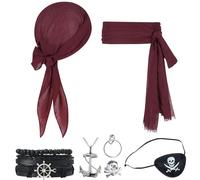 TYXHXTF Set di 7 Accessori per Costume da Pirata, Bandana Fascia Vita Collana Orecchini Anello Bracciale Benda sull'Occhio, per Halloween Carnevale e Feste a Tema