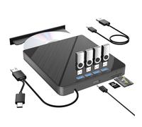 TYYWGD Unità CD DVD esterna 7 in 1, 4 porte USB e slot per schede TF/SD, USB 3.0, portatile, lettore CD/DVD, masterizzatore per laptop, MacBook, PC, Windows 11/10/8/7 Linux OS