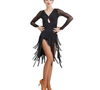 Tzdd Abiti da Ballo Latino da Donna con Scollo A V Abito Tango per Feste con Frange Gonna per Esercizi Valzer con Giuntura in Rete Goccia d'Acqua Hollow Salsa Ballroom Dancing Outfits,Nero,S