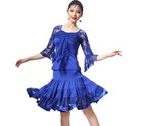 Tzdd Abiti da Ballo Latino da Donna in Pizzo Abito da Tango per Feste con Scollo Tondo Gonna Elastica per Esercizi di Valzer Manica A Tromba Salsa Ballroom Dancing Outfits,Blu,L