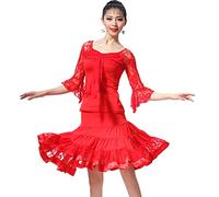 Tzdd Abiti da Ballo Latino da Donna in Pizzo Abito da Tango per Feste con Scollo Tondo Gonna Elastica per Esercizi di Valzer Manica A Tromba Salsa Ballroom Dancing Outfits,Rosso,S