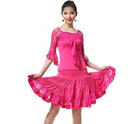 Tzdd Abiti da Ballo Latino da Donna in Pizzo Abito da Tango per Feste con Scollo Tondo Gonna Elastica per Esercizi di Valzer Manica A Tromba Salsa Ballroom Dancing Outfits,Rosa,XXL