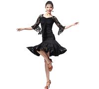 Tzdd Abiti da Ballo Latino da Donna in Pizzo Abito da Tango per Feste con Scollo Tondo Gonna Elastica per Esercizi di Valzer Manica A Tromba Salsa Ballroom Dancing Outfits,Nero,L