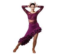 Tzdd Abiti da Ballo Latino da Donna in Pizzo Gonna A Maniche Lunghe per Esercizi di Tango Valzer Abito da Allenamento Asimmetrico Cha Cha Party Squisiti Abiti da Ballo di Salsa,Viola,L