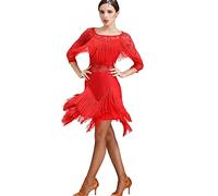 Tzdd Abiti da Ballo Latino da Donna Salsa Cha Cha con Collo in Pizzo Abito da Ballo Abiti da Valzer di Tango A Maniche Lunghe con Nappe Alte E Basse per Le Donne Gonna Pratica Morbida,Rosso,S