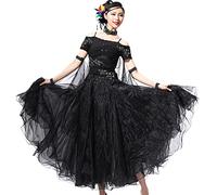 Tzdd Abiti da Ballo Professionali per Le Donne Costume da Concorso di Tango Valzer Elegante Costume Standard Nazionale Abito da Flamenco Grande Gonna Altalena,Nero,XL