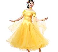 Tzdd Abiti da Ballo Professionali per Le Donne Costume da Concorso di Tango Valzer Elegante Costume Standard Nazionale Abito da Flamenco Grande Gonna Altalena,Giallo,3XL