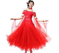 Tzdd Abiti da Ballo Professionali per Le Donne Costume da Concorso di Tango Valzer Elegante Costume Standard Nazionale Abito da Flamenco Grande Gonna Altalena,Rosso,3XL