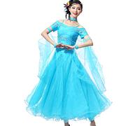 Tzdd Abiti da Ballo Professionali per Le Donne Costume da Concorso di Tango Valzer Elegante Costume Standard Nazionale Abito da Flamenco Grande Gonna Altalena,Lake Blue,XL