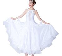 Tzdd Abiti da Ballo Senza Maniche per Donne Standard Nazionali da Competizione Costume Vestito Salsa Tango Moderno Sala da Ballo Gonna Grande Swing in Tulle,Bianca,XXL