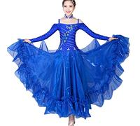 Tzdd Abiti da Ballo Standard Nazionali per Donne Costume da Competizione Vestito da Sociale Tango Moderno Sala da Ballo Gonna Grande Swing in Tulle,Blue a,XL