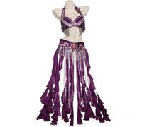 Tzdd Abiti da Performance di Danza del Ventre da Donna Abiti da Festa in Maschera Costumi di Halloween Set da 2 Pezzi con Reggiseno E Cintura di Danza del Ventre con Perline E Nappe,Viola,L