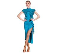 Tzdd Abito da Ballo Latino A Collo Alto per Donna Abiti da Ballo da Sala Sexy da Sala Abito da Allenamento con Volant Gonna Alta con Spacco Concorrenza da Concorso Tango Foxtrot,Blu,XL