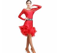 Tzdd Abito da Ballo Latino A Maniche Lunghe da Donna Abito da Ballo Lode con Strass Deco Gonna Altalena Plissettata Irregolare Abito da Ballo Sala Abbigliamento da Ballo Lirico Great Swing,Rosso,XL