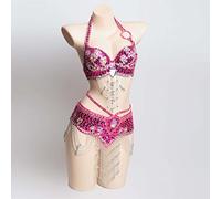 Tzdd Costumi da Danzatrice del Ventre da Donna Spettacolo Professionale di Carnevale Vestito da Ballo Abbigliamento in Maschera Set di 2 Pezzi con Reggiseno E Cintura di Danza del Ventre,Rose Red,S