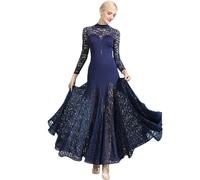 Tzdd Vestiti da Ballo Standard Abiti Donna in Pizzo Lunga Manica Abito da Ballo Liscio Valzer Moderna Abbigliamento Ballo Standard da Pratica,Blu,L