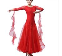 Tzdd Vestiti da Ballo Standard Valzer Moderna Abbigliamento Ballo Standard da Pratica Manica Lunga Abito da Ballo Donna Liscio Abiti Donna Tulle Cuciture in Pizzo,Rosso,XL