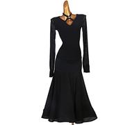 Tzdd Vestito da Ballo da Sala con Scollo A V per Donna Squisito Costume da Allenamento di Flamenco A Maniche Lunghe Abito da Ballo di Pratica del Valzer di Tango Elastico Liscio Gonne di Salsa,Nero,M