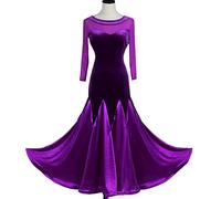 Tzdd Vestito da Ballo da Sala da Donna con Collo Rotondo Smooth Elasticity Flamenco Waltz Modern Performance Dancing Outfit Abito da Tango Foxtrot A Maniche Lunghe Una Linea,Viola,XL