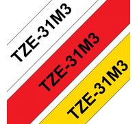 Brother TZE-31M3, 12mm x 8mm, testo nera / rosso, bianco, sfondo giallo, nastro originale, 3pz