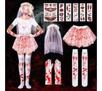 TZEKING Costume Sposa Cadavere - 16PCS Accessori per Adulti, Velo, Tutu-Röcken, Calze Alte fino alla Coscia, 10 Adesivi per Tatuaggio, Costume da Zombie Donna