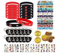 TZQFROCE 70 Pezzi Pirata Accessori Bambini Rosso Nero Braccialetti Silicone 12 Bracciale Benda Occhio 24 Monete d'Oro 10 Tatuaggio Pirata Temporanei Halloween