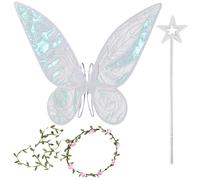 TZQFROCE Costume con ali di fata da donna, ali di farfalla, ali d'elfo, ali da ragazza, con corona di fiori, bacchetta magica, per bambini, ragazze, principessa, feste, cosplay, colore bianco