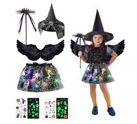 TZQFROCE - Costume da strega per bambine, Halloween, con luci, costume da pipistrello con cappello da strega, nero, volo angelico