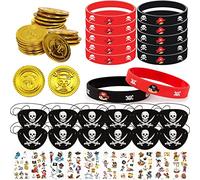 TZQFROCE Decorazione pirata per bambini 58 Pezzi Festa Pirati dei Caraibi Gadget 12 Braccialetti Silicone 12 Pirata Benda Occhio 24 Monete d'oro Pirata 10 Tatuaggio per Temporanei Halloween