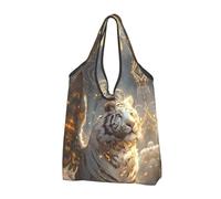 TZTTZT Borse della spesa riutilizzabili, borsa di totalizzatore pieghevole della drogheria della tigre bianca dorata con le maniglie, nero, 3 PCS