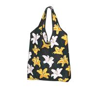 TZTTZT Borse della spesa riutilizzabili, borse della spesa pieghevoli gigli fiori bianco giallo borsa di totalizzatore con manici, nero, 1 PC
