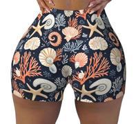 TZTTZT Pantaloncini da allenamento da donna senza cuciture, stampa con conchiglie nautiche e stella marina, per motociclisti, palestra, yoga, corsa, pantaloncini in spandex per donna, nero, S