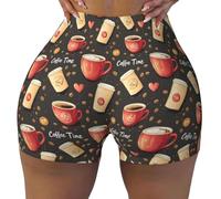 TZTTZT Pantaloncini da allenamento senza cuciture da donna, con stampa Coffee Time, per biker, palestra, yoga, corsa, in spandex, Nero, S
