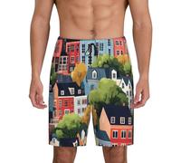 TZTTZT Pantaloni da pigiama da uomo, pantaloncini da pigiama in cotone con stampa di città dei cartoni animati, pantaloncini casual da uomo, Nero, XL