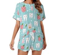 TZTTZT Pigiama estivo da donna in cotone con stampa di denti a spazzolino da denti con pantaloncini corti da donna 2 pezzi, multicolore, L