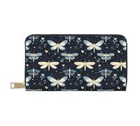 TZTTZT Portafoglio da donna con stampa blu navy con fiore libellula, portafoglio in pelle bifold multi carta, portafogli da donna lunghi