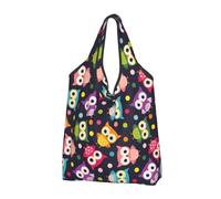 TZTTZT Sacchetti della spesa riutilizzabili, borsa di totalizzatore della spesa dei gufi variopinti del fumetto pieghevole con le maniglie, nero, 1 PC