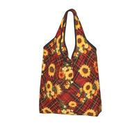 TZTTZT Sacchetti della spesa riutilizzabili, borsa di totalizzatore pieghevole della drogheria del girasole del plaid rosso con le maniglie, nero, 1 PC