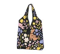 TZTTZT Sacchetti della spesa riutilizzabili, borse della spesa pieghevoli del fumetto dei cani e dei fiori della drogheria Bag Tote Bag con maniglie, nero, 1 PC