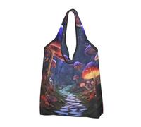 TZTTZT Sacchetti della spesa riutilizzabili, sacchetti della spesa, pieghevoli, sentiero della giungla, funghi, borsa per la spesa con manici, nero, 3 PCS